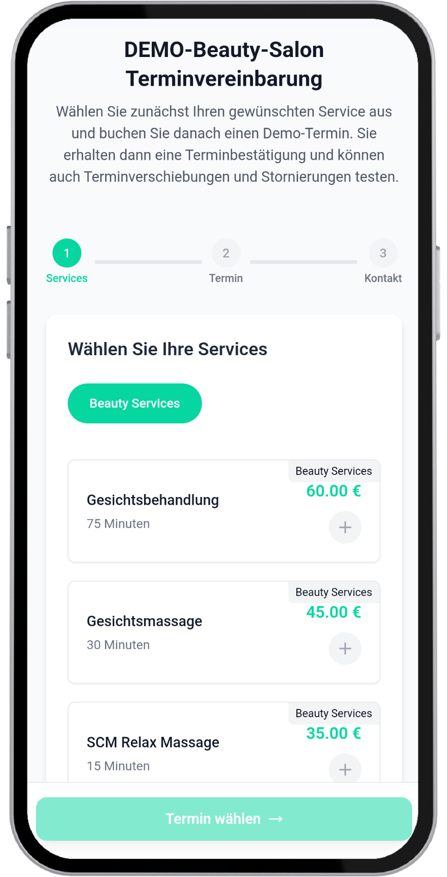 Demo-Terminbuchungsseite auf dem Smartphone